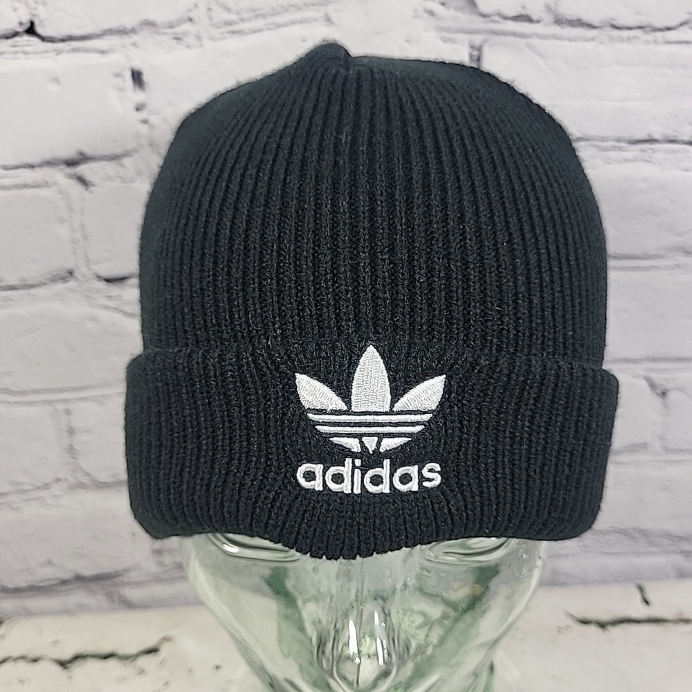 Adidas Beanie Hat Black OSFA Ribbed White‎ Trefoil Logo Warm Winter Ski Cap